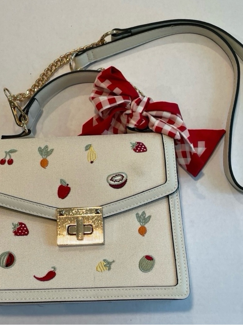 ALDO Red & Cream Fruit-Print Crossbody with Gingham Bow & Detachable Strap